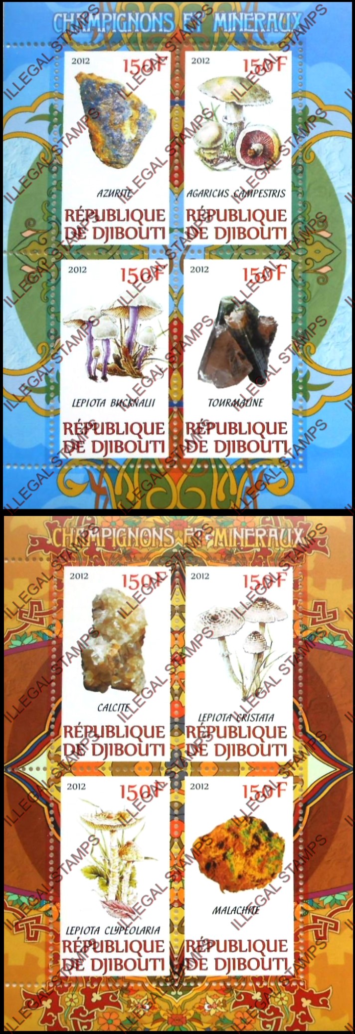 Djibouti 2012 Mushrooms and Minerals Illegal Stamp Souvenir Sheets of 4 Djibouti 2012 Mushrooms and Minerals Illegal Stamp Souvenir Sheets of 4