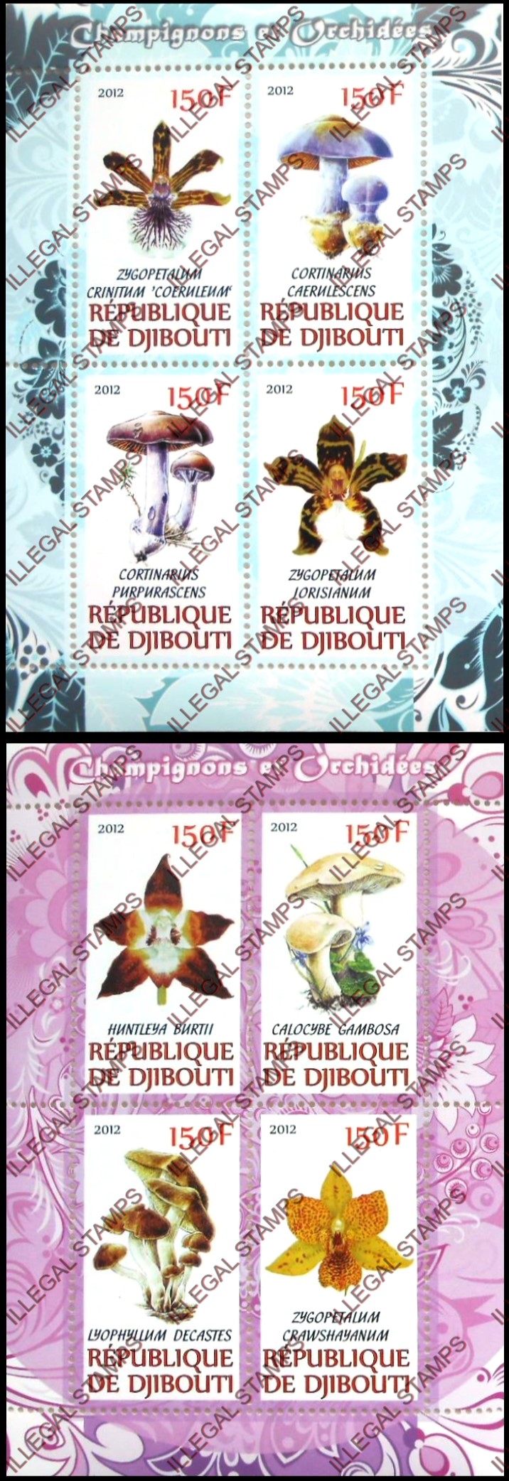 Djibouti 2012 Mushrooms and Orchids Illegal Stamp Souvenir Sheets of 4 Djibouti 2012 Mushrooms and Orchids Illegal Stamp Souvenir Sheets of 4