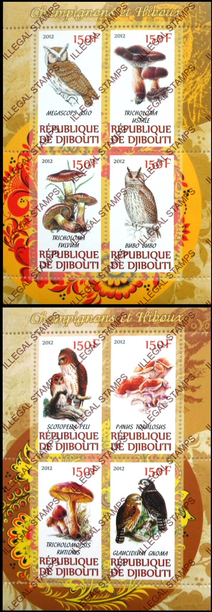 Djibouti 2012 Mushrooms and Owls Illegal Stamp Souvenir Sheets of 4 Djibouti 2012 Mushrooms and Owls Illegal Stamp Souvenir Sheets of 4