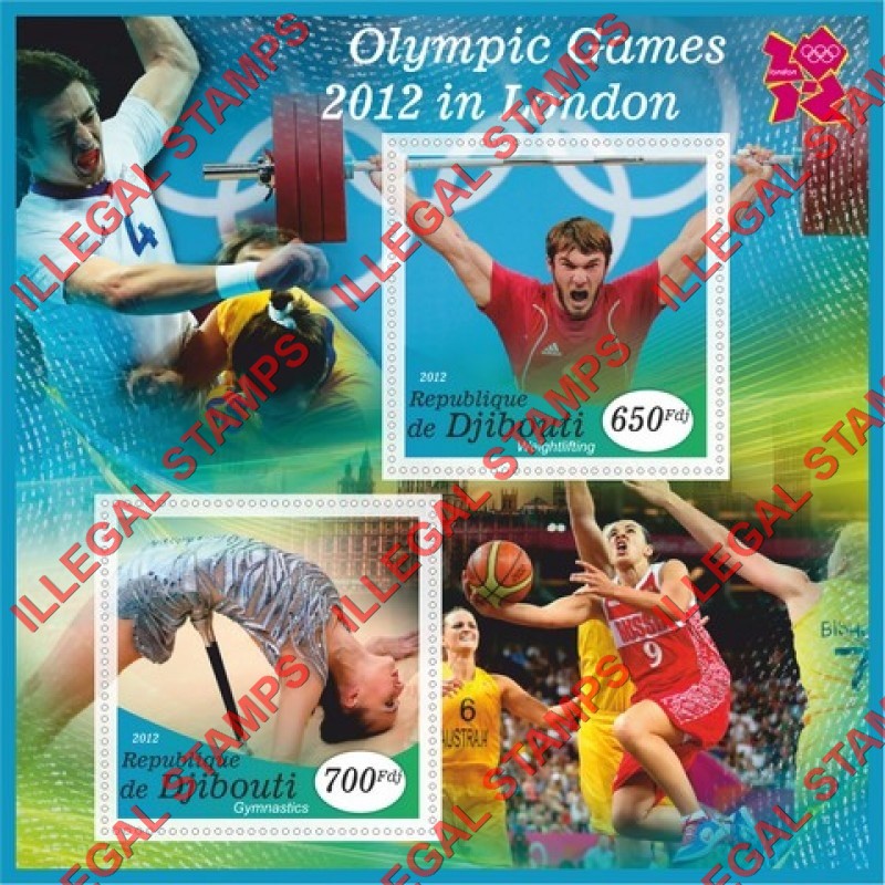 Djibouti 2012 Olympic Games in London Illegal Stamp Souvenir Sheet of 2 Djibouti 2012 Olympic Games in London Illegal Stamp Souvenir Sheet of 2
