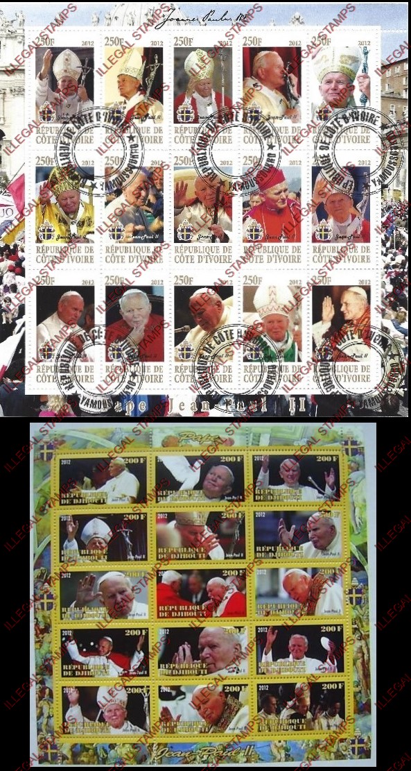 Djibouti 2012 Pope John Paul II Illegal Stamp Sheetlets of 15 Djibouti 2012 Pope John Paul II Illegal Stamp Sheetlets of 15