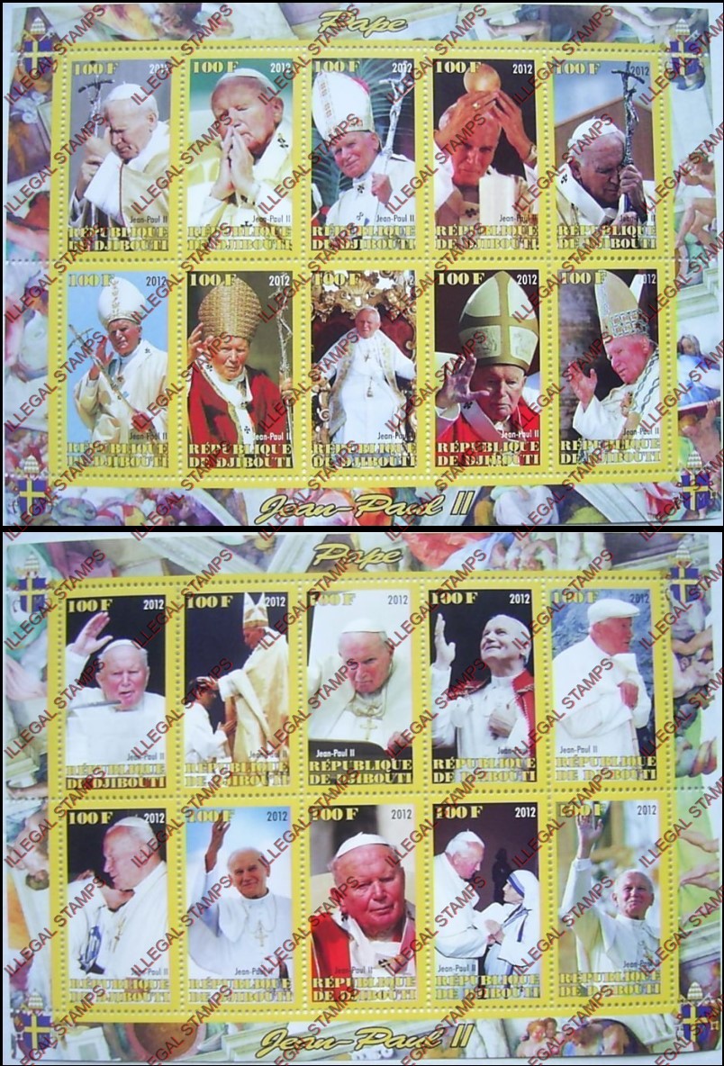 Djibouti 2012 Pope John Paul II Illegal Stamp Sheetlets of 10 Djibouti 2012 Pope John Paul II Illegal Stamp Sheetlets of 10