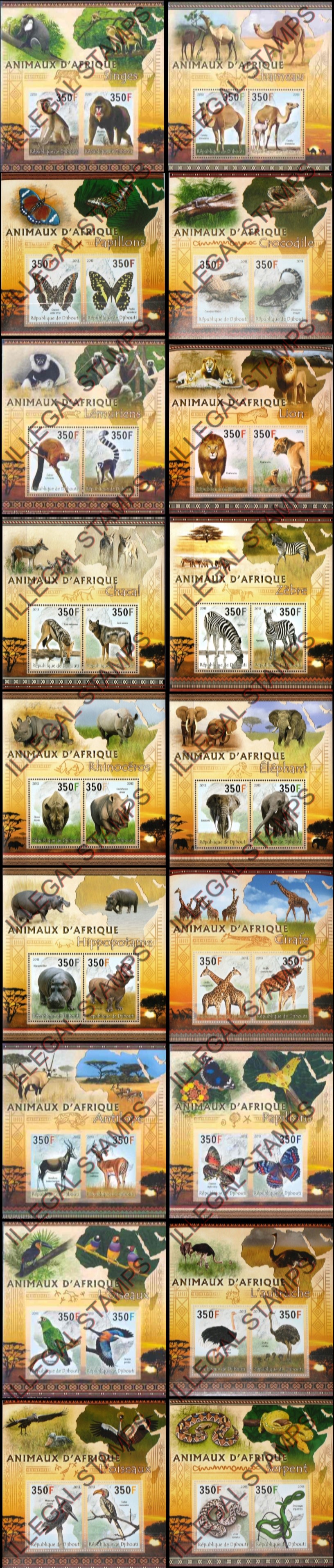 Djibouti 2013 African Animals Illegal Stamp Souvenir Sheets of 2 Djibouti 2013 African Animals Illegal Stamp Souvenir Sheets of 2