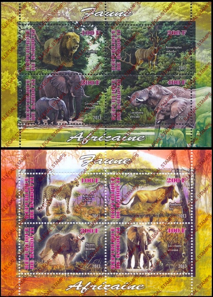 Djibouti 2013 African Fauna Illegal Stamp Souvenir Sheets of 4 Djibouti 2013 African Fauna Illegal Stamp Souvenir Sheets of 4