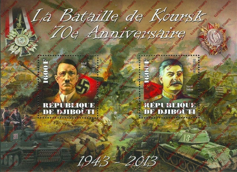 Djibouti 2013 Battle of Koursk Hitler Stalin Illegal Stamp Souvenir Sheet of 2 Djibouti 2013 Battle of Koursk Hitler Stalin Illegal Stamp Souvenir Sheet of 2