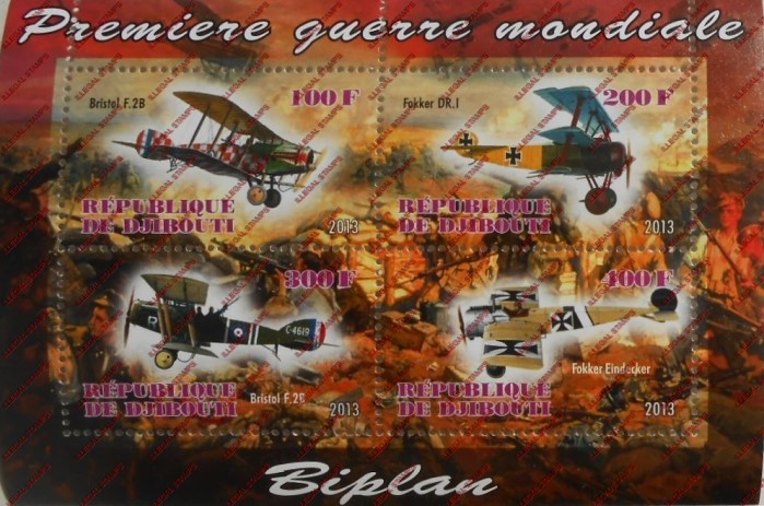 Djibouti 2013 Biplanes Illegal Stamp Souvenir Sheet of 4 Djibouti 2013 Biplanes Illegal Stamp Souvenir Sheet of 4
