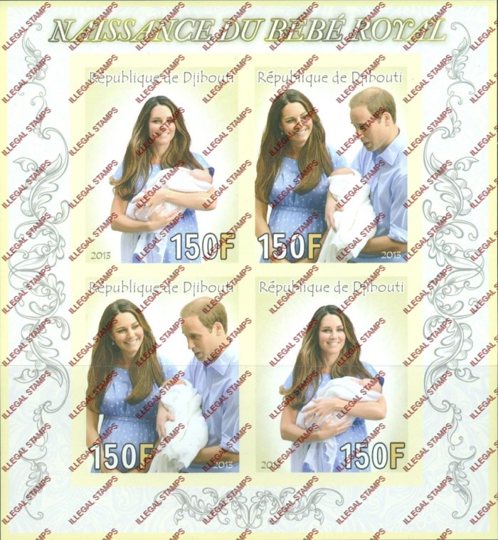 Djibouti 2013 Birth of the Royal Baby Prince George Illegal Stamp Souvenir Sheet of 4 Djibouti 2013 Birth of the Royal Baby Prince George Illegal Stamp Souvenir Sheet of 4