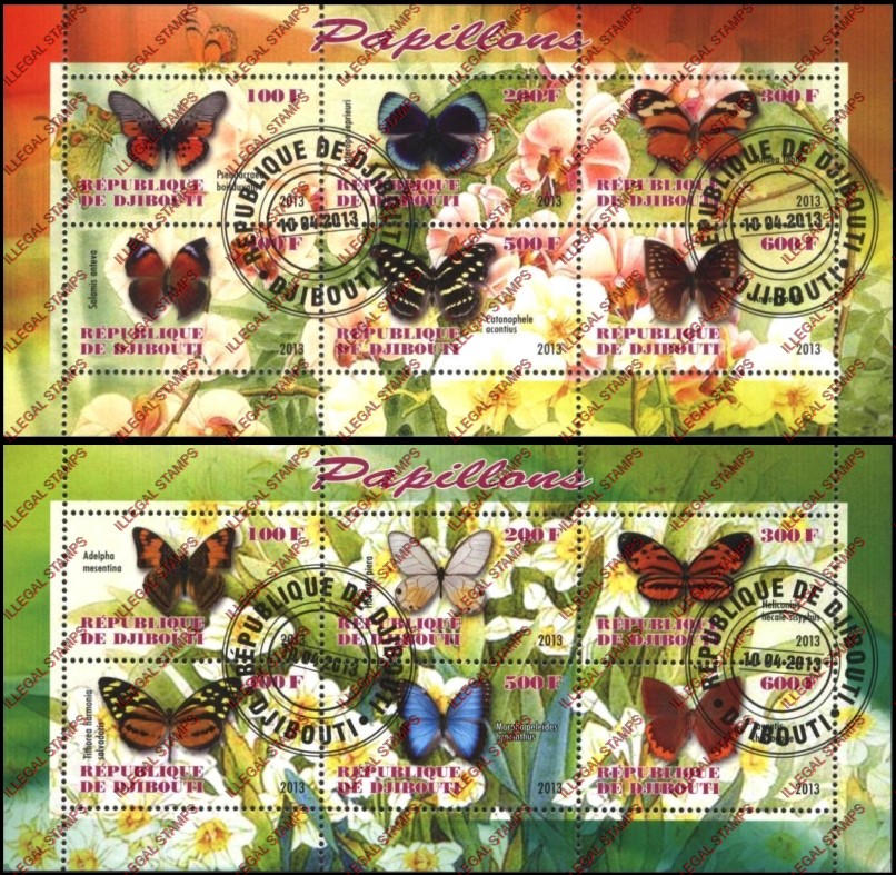 Djibouti 2013 Butterflies Illegal Stamp Sheetlets of 6 Djibouti 2013 Butterflies Illegal Stamp Sheetlets of 6