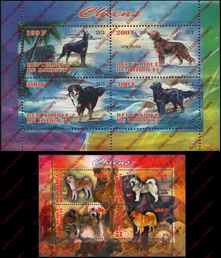Djibouti 2013 Dogs Illegal Stamp Souvenir Sheets of 4 Djibouti 2013 Dogs Illegal Stamp Souvenir Sheets of 4