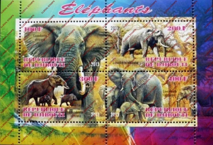 Djibouti 2013 Elephants Illegal Stamp Souvenir Sheet of 4 Djibouti 2013 Elephants Illegal Stamp Souvenir Sheet of 4