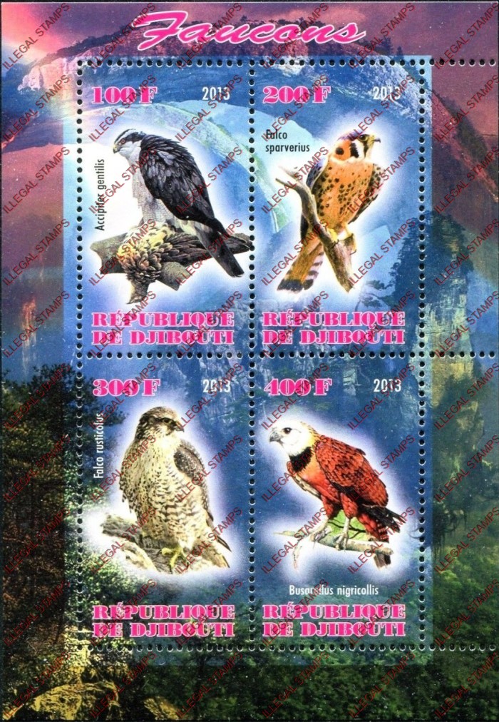 Djibouti 2013 Falcons Illegal Stamp Souvenir Sheet of 4 Djibouti 2013 Falcons Illegal Stamp Souvenir Sheet of 4