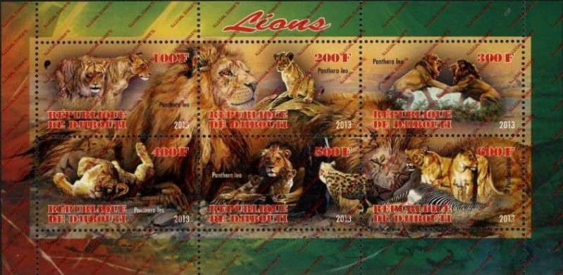 Djibouti 2013 Lions Illegal Stamp Sheetlet of 6 Djibouti 2013 Lions Illegal Stamp Sheetlet of 6