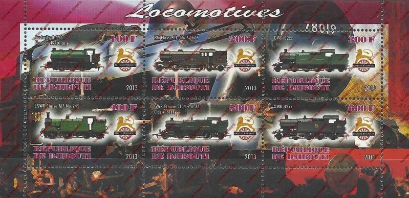 Djibouti 2013 Locomotives Illegal Stamp Sheetlet of 6 Djibouti 2013 Locomotives Illegal Stamp Sheetlet of 6