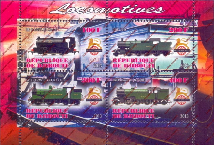Djibouti 2013 Locomotives Illegal Stamp Souvenir Sheet of 4 Djibouti 2013 Locomotives Illegal Stamp Souvenir Sheet of 4