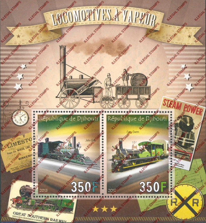 Djibouti 2013 Locomotives Illegal Stamp Souvenir Sheet of 2 Djibouti 2013 Locomotives Illegal Stamp Souvenir Sheet of 2
