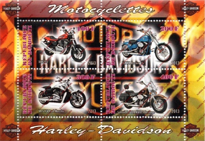 Djibouti 2013 Motorcycles Harley Davidson Illegal Stamp Souvenir Sheet of 4 Djibouti 2013 Motorcycles Harley Davidson Illegal Stamp Souvenir Sheet of 4