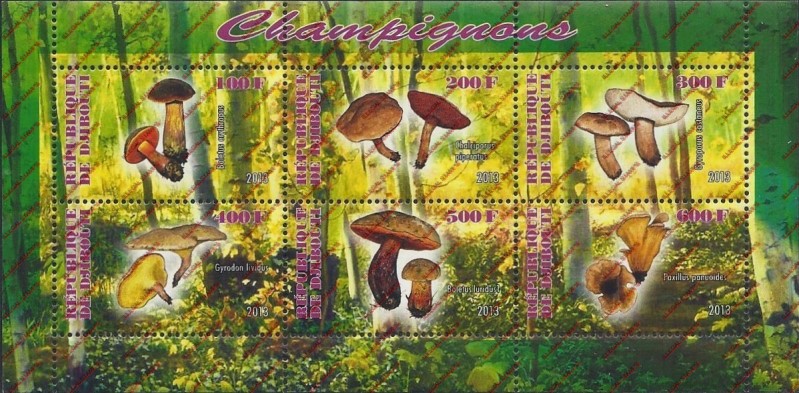 Djibouti 2013 Mushrooms Illegal Stamp Sheetlet of 6 Djibouti 2013 Mushrooms Illegal Stamp Sheetlet of 6