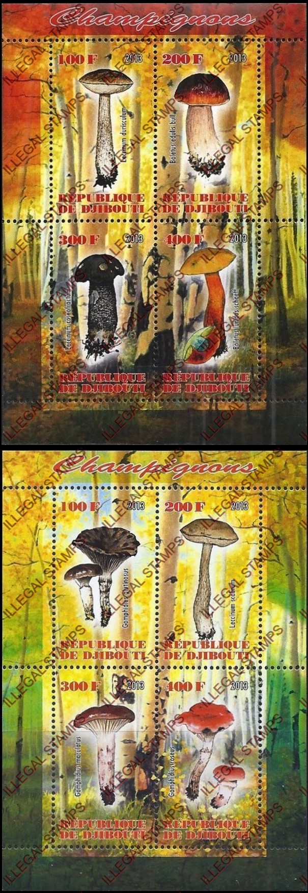 Djibouti 2013 Mushrooms Illegal Stamp Souvenir Sheets of 4 Djibouti 2013 Mushrooms Illegal Stamp Souvenir Sheets of 4
