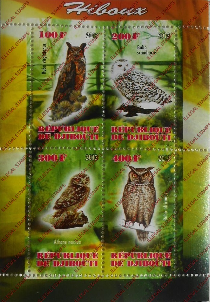Djibouti 2013 Owls Illegal Stamp Souvenir Sheet of 4 Djibouti 2013 Owls Illegal Stamp Souvenir Sheet of 4