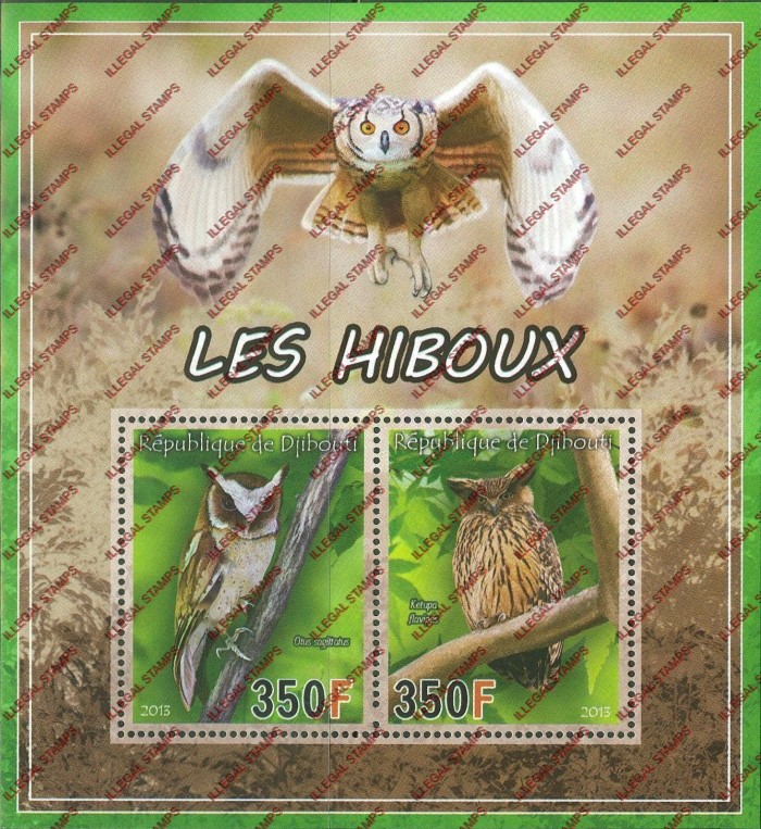 Djibouti 2013 Owls Illegal Stamp Souvenir Sheet of 2 Djibouti 2013 Owls Illegal Stamp Souvenir Sheet of 2