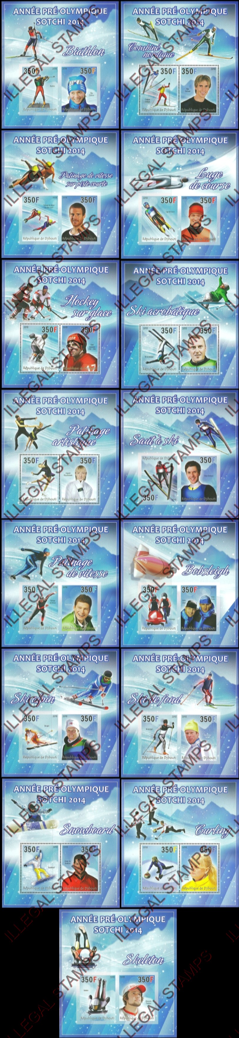 Djibouti 2013 Pre-Olympic Games Illegal Stamp Souvenir Sheets of 2 Djibouti 2013 Pre-Olympic Games Illegal Stamp Souvenir Sheets of 2