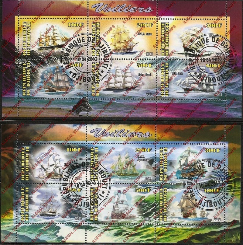 Djibouti 2013 Sailing Ships Illegal Stamp Sheetlets of 6 Djibouti 2013 Sailing Ships Illegal Stamp Sheetlets of 6