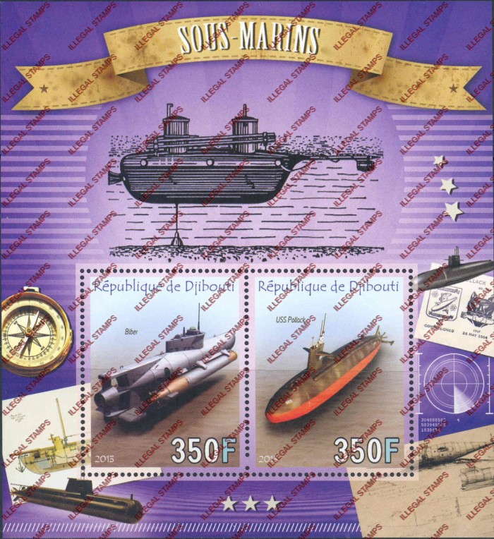 Djibouti 2013 Submarines Illegal Stamp Souvenir Sheet of 2 Djibouti 2013 Submarines Illegal Stamp Souvenir Sheet of 2