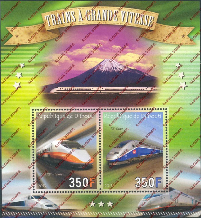 Djibouti 2013 Trains Illegal Stamp Souvenir Sheet of 2 Djibouti 2013 Trains Illegal Stamp Souvenir Sheet of 2