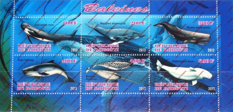 Djibouti 2013 Whales Illegal Stamp Sheetlet of 6 Djibouti 2013 Whales Illegal Stamp Sheetlet of 6