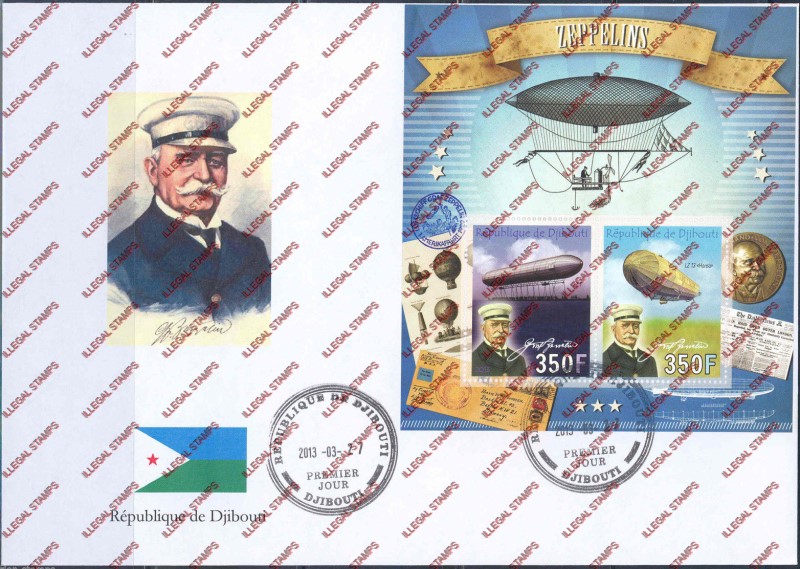 Djibouti 2013 Zeppelins Illegal Stamp Fake First Day Cover Djibouti 2013 Zeppelins Illegal Stamp Fake First Day Cover