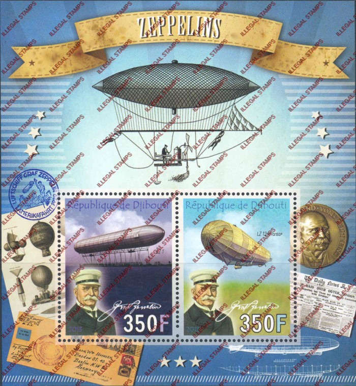 Djibouti 2013 Zeppelins Illegal Stamp Souvenir Sheet of 2 Djibouti 2013 Zeppelins Illegal Stamp Souvenir Sheet of 2