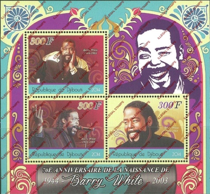 Djibouti 2014 Barry White Illegal Stamp Souvenir Sheet of 3 Djibouti 2014 Barry White Illegal Stamp Souvenir Sheet of 3