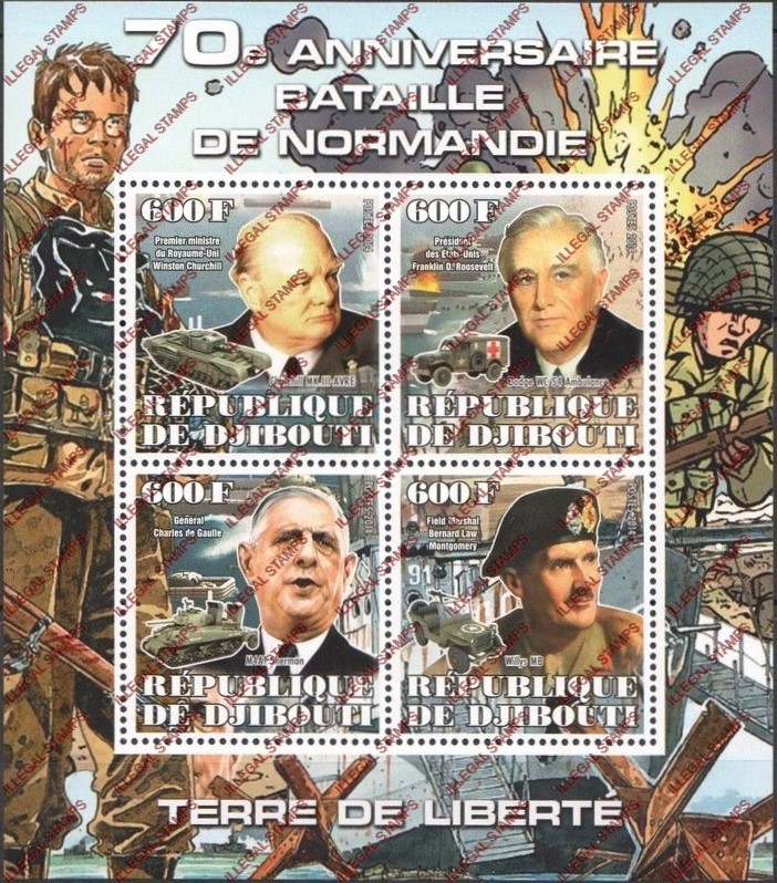 Djibouti 2014 Battle of Normandy Illegal Stamp Souvenir Sheet of 4 Djibouti 2014 Battle of Normandy Illegal Stamp Souvenir Sheet of 4