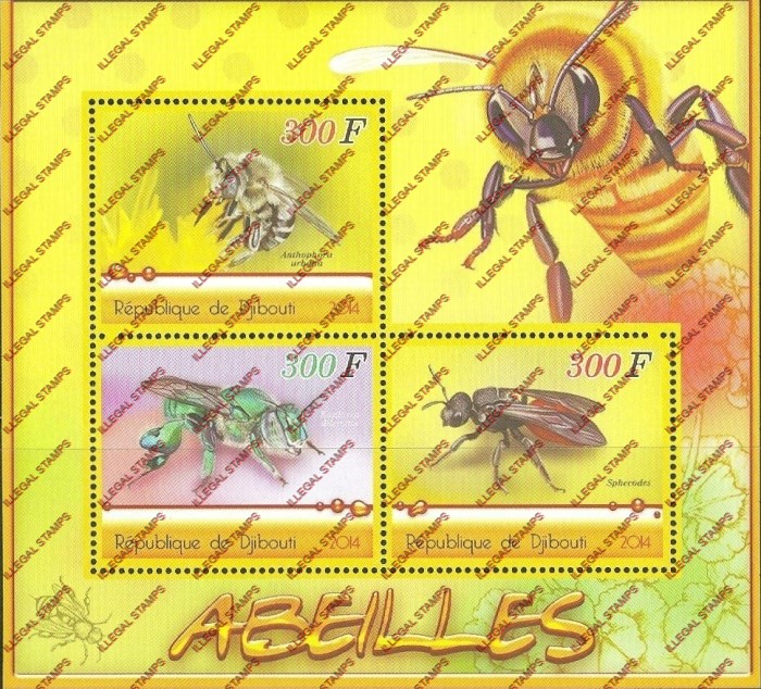 Djibouti 2014 Bees Illegal Stamp Souvenir Sheet of 3 Djibouti 2014 Bees Illegal Stamp Souvenir Sheet of 3