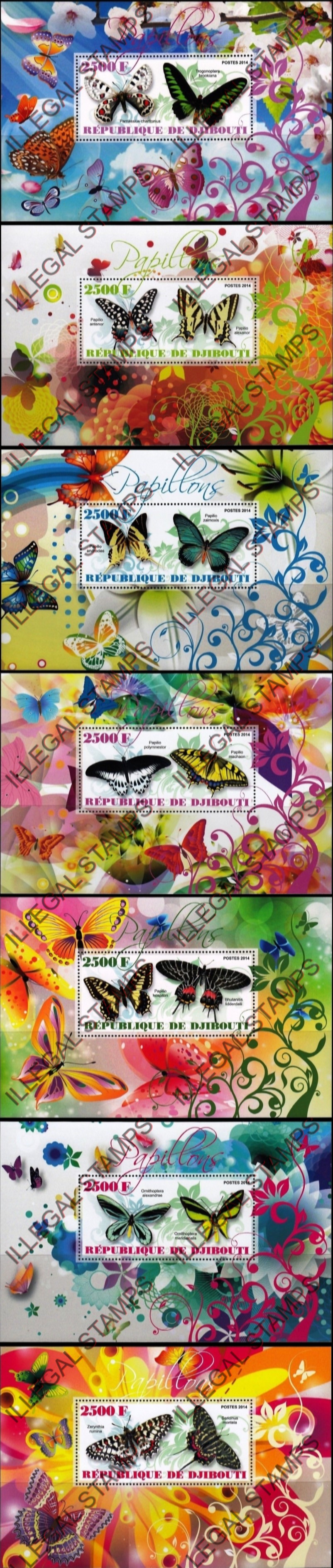 Djibouti 2014 Butterflies Illegal Stamp Souvenir Sheets of 1 Djibouti 2014 Butterflies Illegal Stamp Souvenir Sheets of 1
