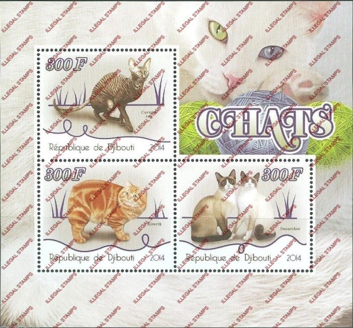 Djibouti 2014 Cats Illegal Stamp Souvenir Sheet of 3 Djibouti 2014 Cats Illegal Stamp Souvenir Sheet of 3
