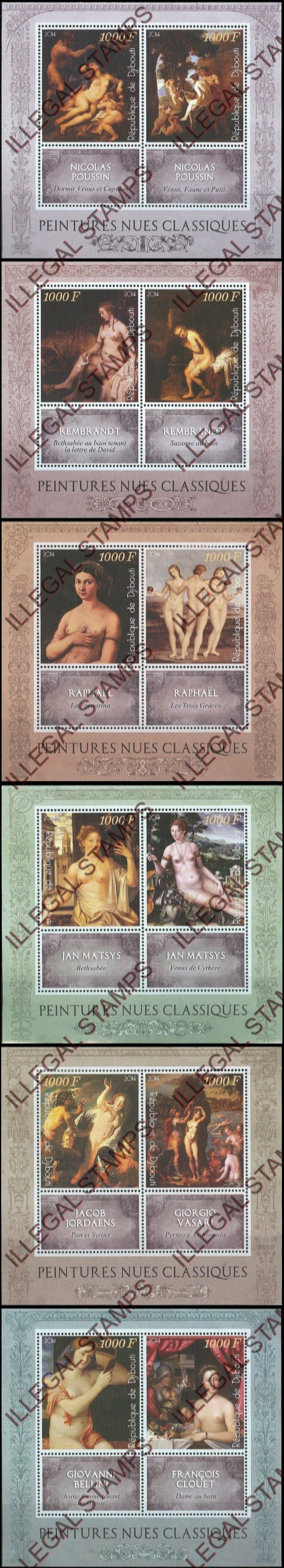 Djibouti 2014 Classic Nude Paintings Illegal Stamp Souvenir Sheets of 2 Djibouti 2014 Classic Nude Paintings Illegal Stamp Souvenir Sheets of 2