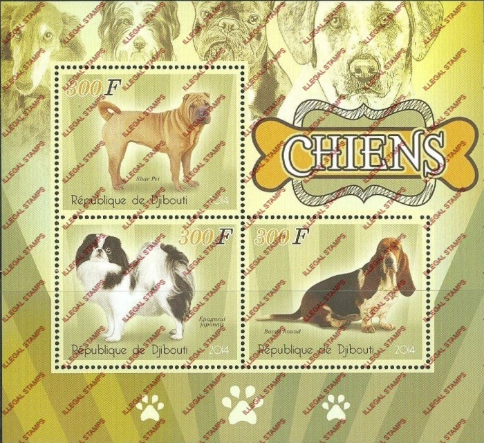 Djibouti 2014 Dogs Illegal Stamp Souvenir Sheet of 3 Djibouti 2014 Dogs Illegal Stamp Souvenir Sheet of 3