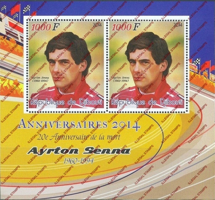 Djibouti 2014 Formula I Ayrton Senna Illegal Stamp Souvenir Sheet of 2 Djibouti 2014 Formula I Ayrton Senna Illegal Stamp Souvenir Sheet of 2
