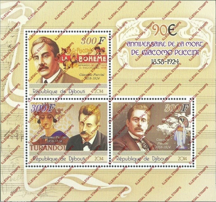 Djibouti 2014 Giacomo Puccini Illegal Stamp Souvenir Sheet of 3 Djibouti 2014 Giacomo Puccini Illegal Stamp Souvenir Sheet of 3