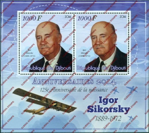 Djibouti 2014 Igor Sikorsky Illegal Stamp Souvenir Sheet of 2 Djibouti 2014 Igor Sikorsky Illegal Stamp Souvenir Sheet of 2