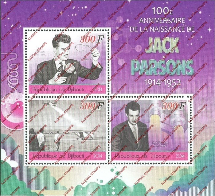 Djibouti 2014 Jack Parsons Illegal Stamp Souvenir Sheet of 3 Djibouti 2014 Jack Parsons Illegal Stamp Souvenir Sheet of 3