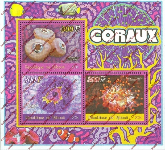 Djibouti 2014 Marine Coral Illegal Stamp Souvenir Sheet of 3 Djibouti 2014 Marine Coral Illegal Stamp Souvenir Sheet of 3