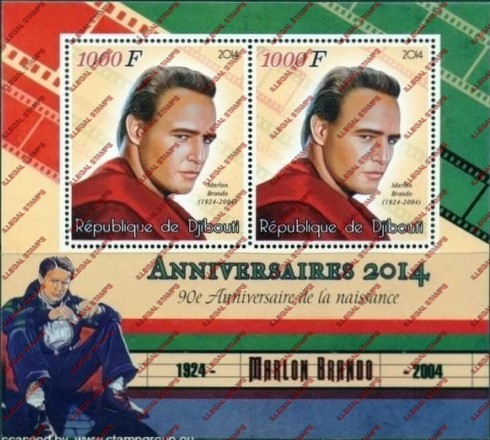 Djibouti 2014 Marlon Brando Illegal Stamp Souvenir Sheet of 2 Djibouti 2014 Marlon Brando Illegal Stamp Souvenir Sheet of 2