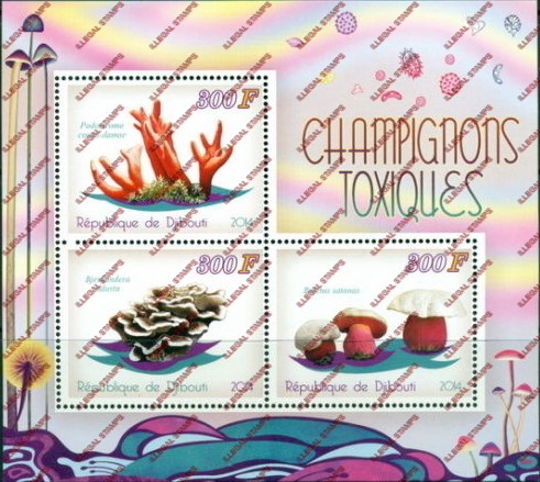 Djibouti 2014 Mushrooms Illegal Stamp Souvenir Sheet of 3 Djibouti 2014 Mushrooms Illegal Stamp Souvenir Sheet of 3