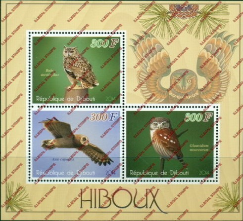 Djibouti 2014 Owls Illegal Stamp Souvenir Sheet of 3 Djibouti 2014 Owls Illegal Stamp Souvenir Sheet of 3