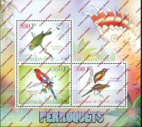 Djibouti 2014 Parrots Illegal Stamp Souvenir Sheet of 3 Djibouti 2014 Parrots Illegal Stamp Souvenir Sheet of 3
