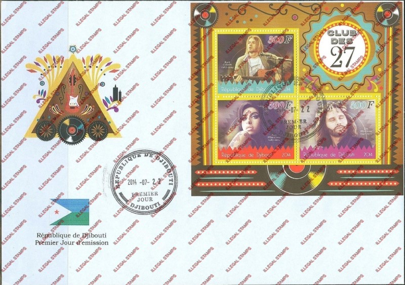 Djibouti 2014 Rock Musicians Illegal Stamp Souvenir Sheet of 3 on Bogus First Day Cover Djibouti 2014 Rock Musicians Illegal Stamp Souvenir Sheet of 3 on Bogus First Day Cover