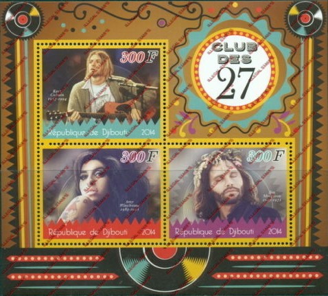 Djibouti 2014 Rock Musicians Illegal Stamp Souvenir Sheet of 3 Djibouti 2014 Rock Musicians Illegal Stamp Souvenir Sheet of 3