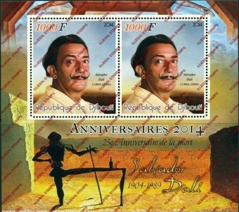 Djibouti 2014 Salvador Dali Illegal Stamp Souvenir Sheet of 2 Djibouti 2014 Salvador Dali Illegal Stamp Souvenir Sheet of 2